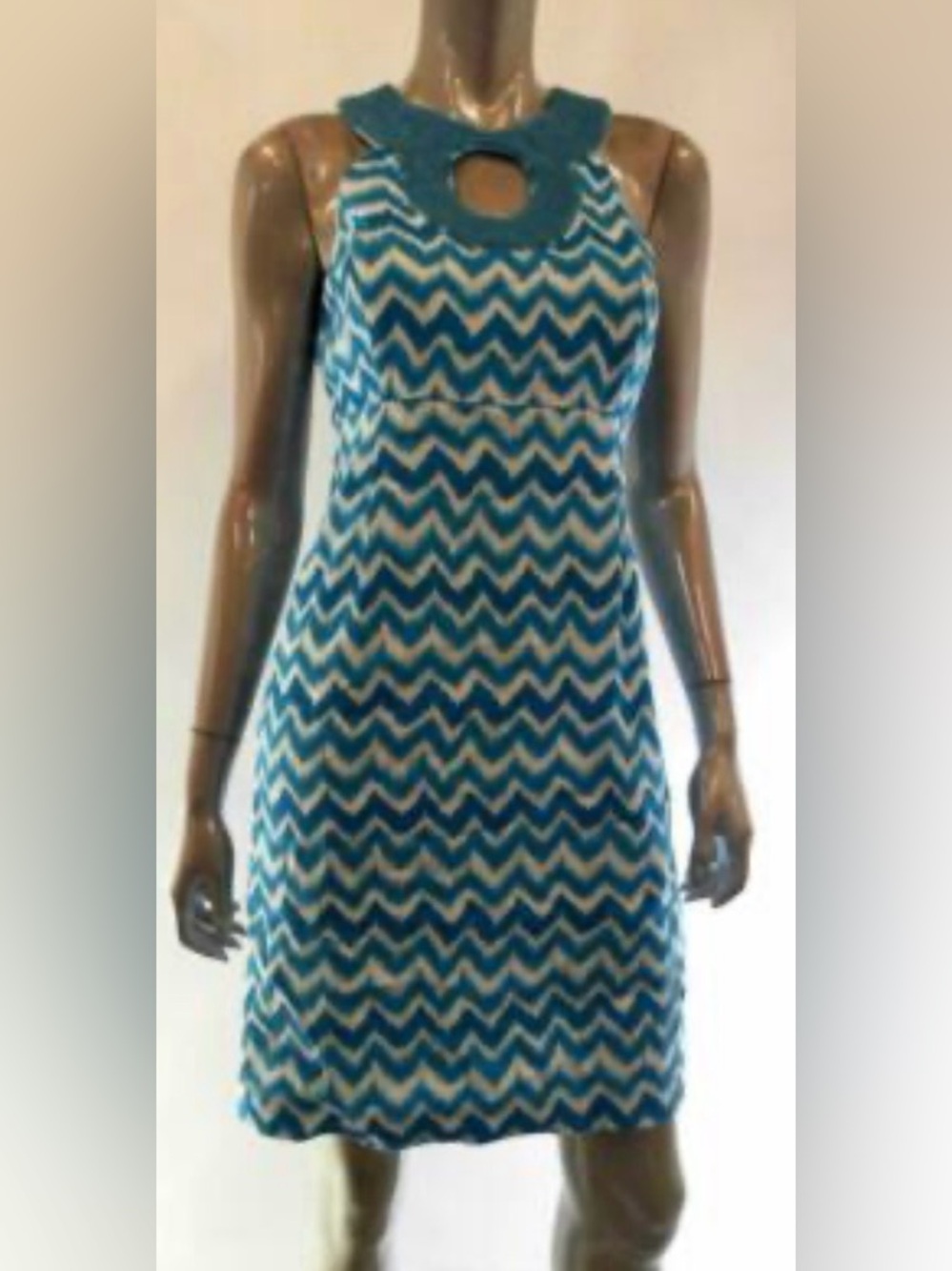 INC International Concepts Beaded Jewel Neck Turquoise and Blue Chevron Dress